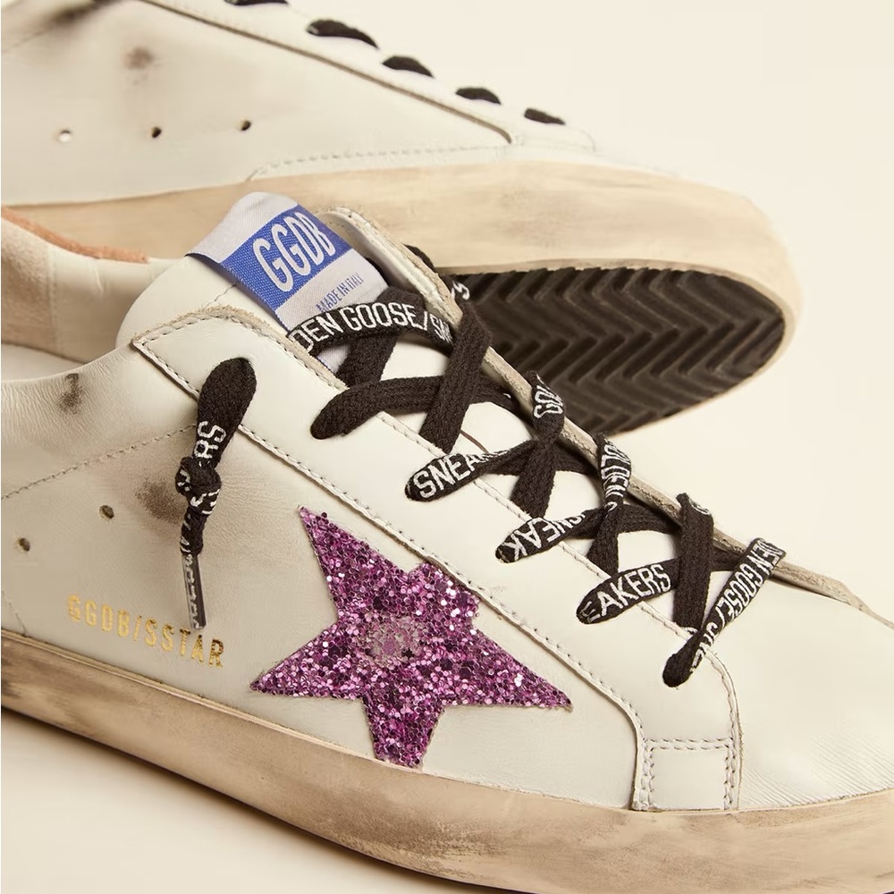 Golden Goose Super-Star sneakers in white leather with lavender glitter star